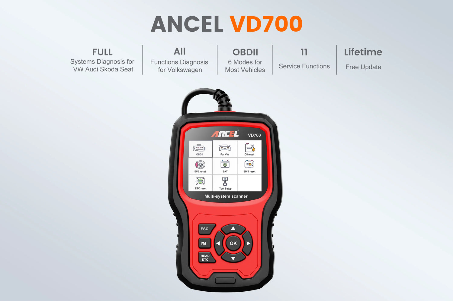 ANCEL VD700 All System OBD2 Scanner with 8 Special Functions for VAG  Vehicles Diagnosis Code Reader